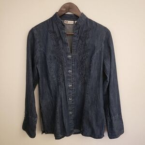 Faded Glory Denim Shirt Hook Front Closure Shacket Floral Embroidered Size Small